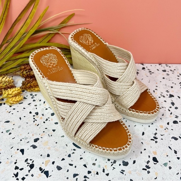 NEW Vince Camuto BAILAH Tan Cross Strap Espadrille Women’s Wedge Sandals Sz 11 - Picture 1 of 11